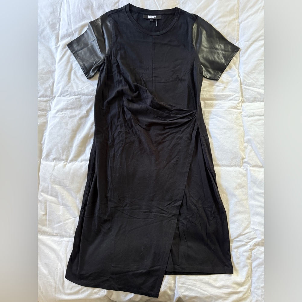 DKNY Black Dress with Faux Leather Accents L